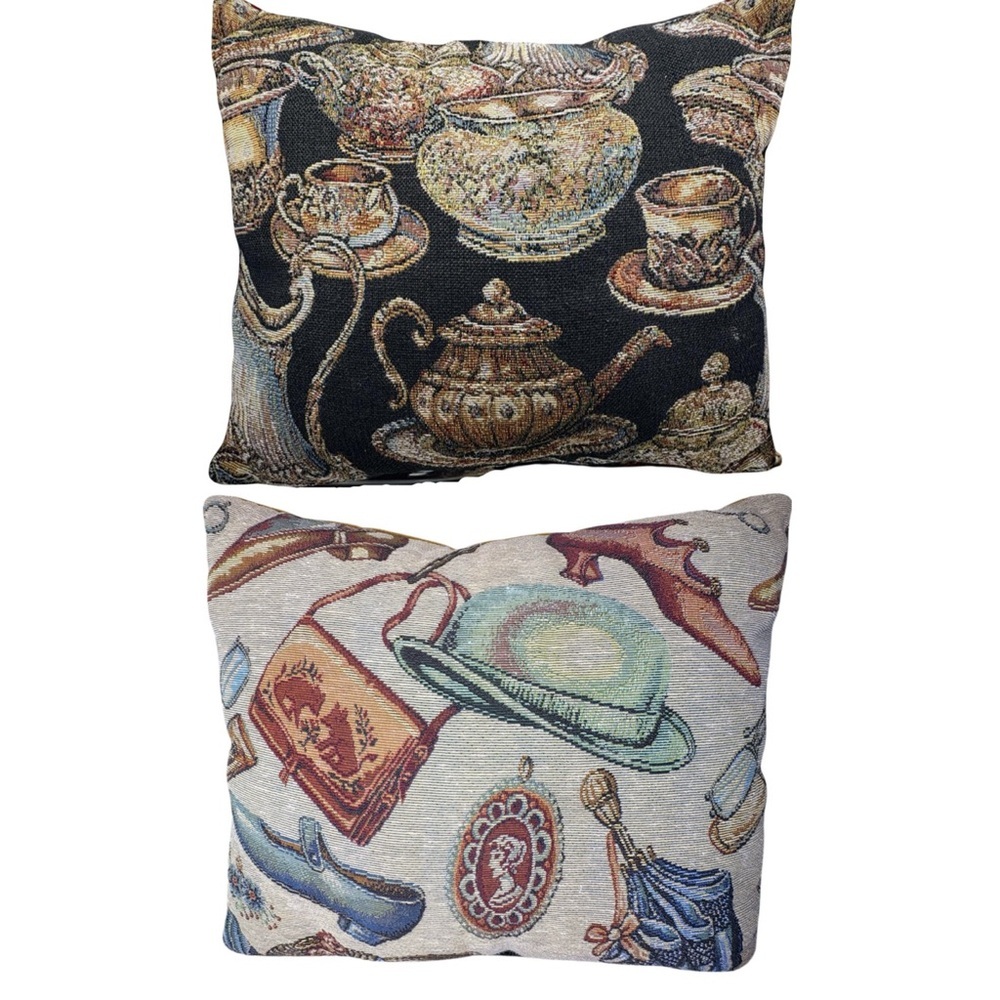 2 Decorative Retro French Design Pillows Teapots/Teacups Women’s Fashion Velvet